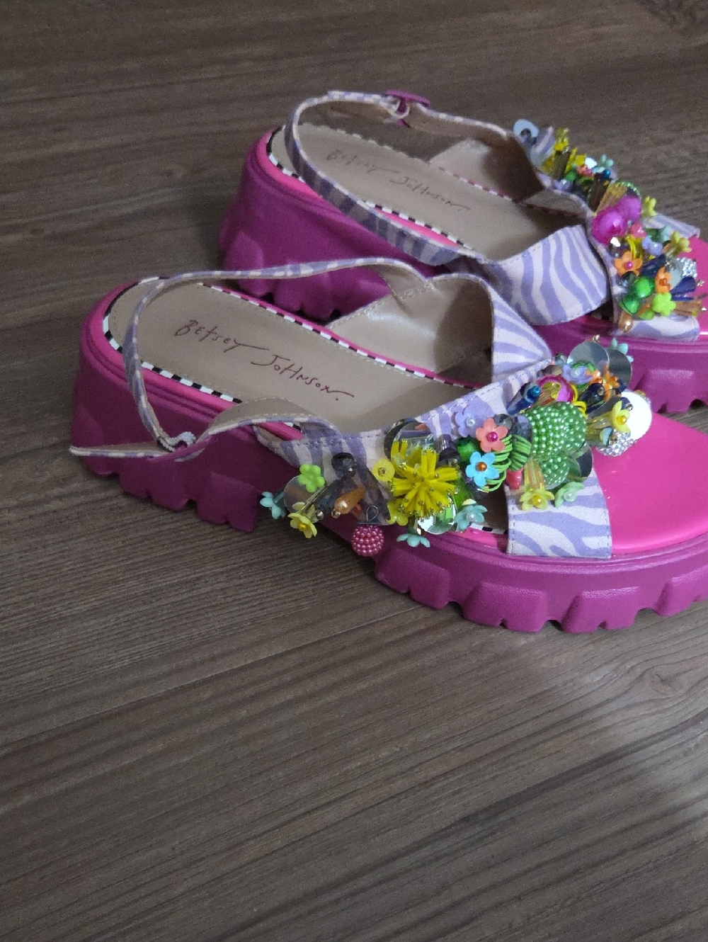 Betsey Johnson Pink Platform Beaded Floral Sandals - Picture 4 of 6
